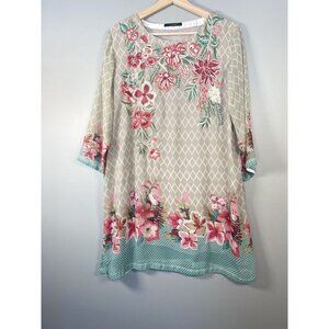 Limelight Embroidered Beige Short Silk Kurti Tunic Dress L Floral Tropical Light